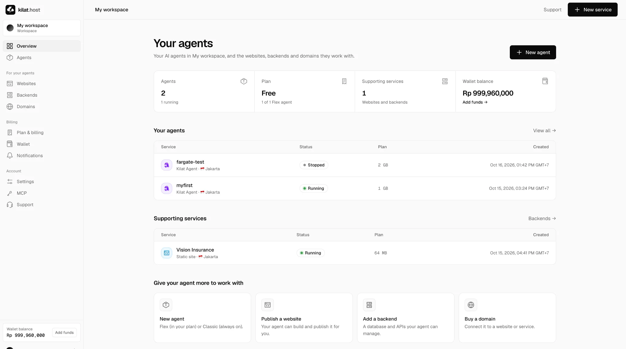 The Kilat dashboard: two Kilat Agents and a static website running in Jakarta, with the workspace plan and wallet balance.